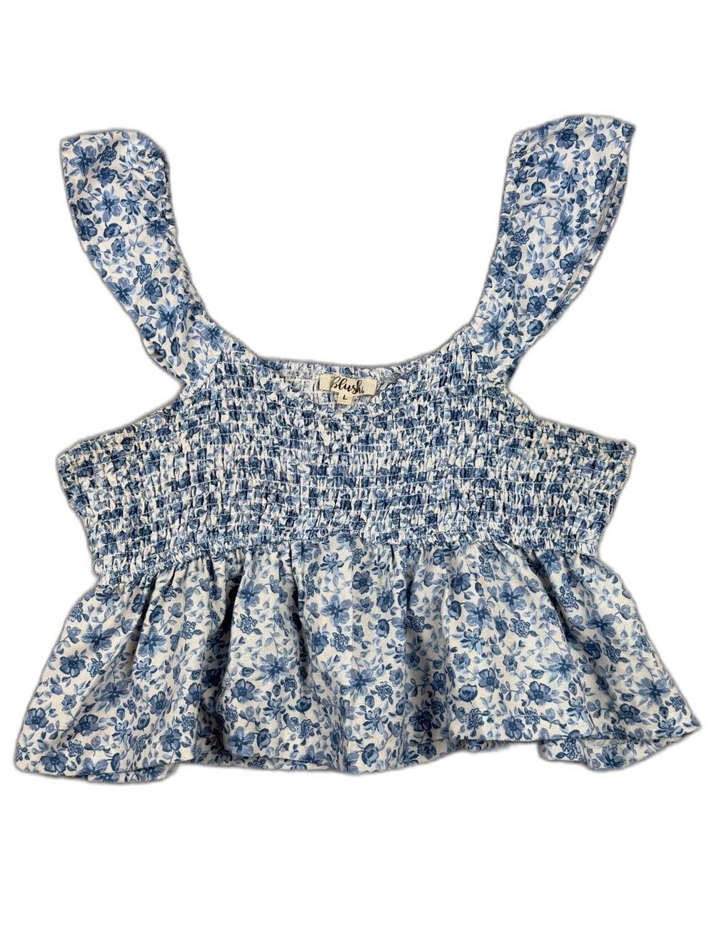 Cottagecore Babydoll Smocked Peplum Blue Floral Blouse Top Women’s L